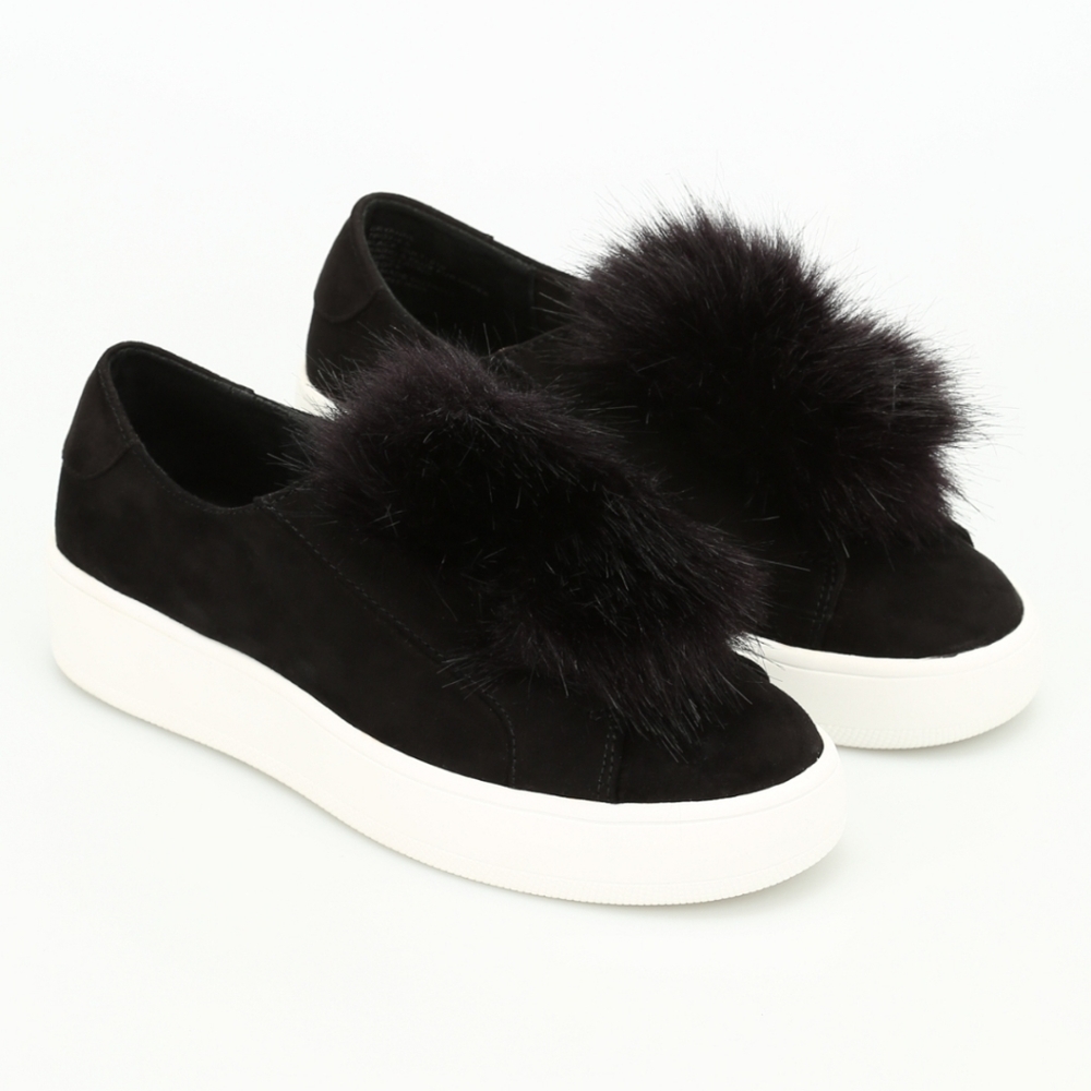Steve Madden Black Faux Fur Pom Pom Leather Sneaker Size 8.5